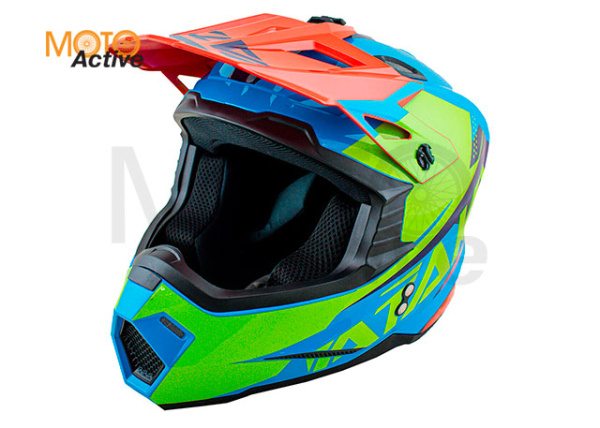 Шлем кроссовый ATAKI JK801 Splash (красный/синий/Hi-Vis зеленый глянцевый)